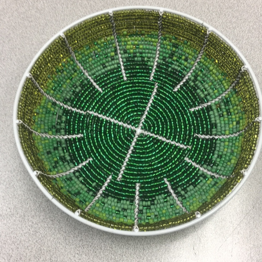 Hand beaded basket all green tones